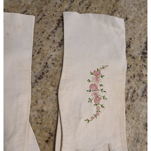Vintage Size S White Leather 10" Gloves Pink Rose Flower Climbing Vine Garden - Picture 5 of 13